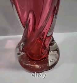 Murano Hand Blown Italian Pink Art Glass Stretched Ribbed Flared Vase Bullicante