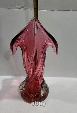Murano Hand Blown Italian Pink Art Glass Stretched Ribbed Flared Vase Bullicante
