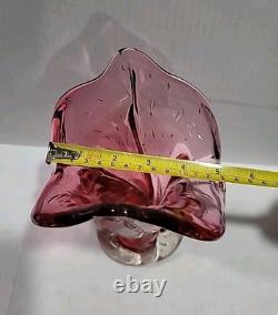 Murano Hand Blown Italian Pink Art Glass Stretched Ribbed Flared Vase Bullicante