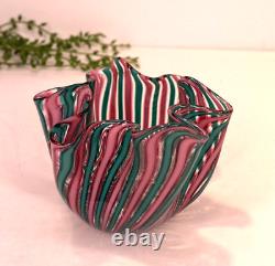 Murano Italia Signed Cane Ribbon Handkerchief Hand Blown Glass Object Green Pink