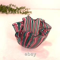 Murano Italia Signed Cane Ribbon Handkerchief Hand Blown Glass Object Green Pink