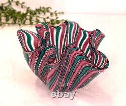 Murano Italia Signed Cane Ribbon Handkerchief Hand Blown Glass Object Green Pink