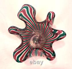 Murano Italia Signed Cane Ribbon Handkerchief Hand Blown Glass Object Green Pink