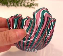 Murano Italia Signed Cane Ribbon Handkerchief Hand Blown Glass Object Green Pink