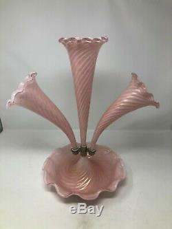 Murano Italian Art Glass Pink Gold Flake Swirl 3 Horn Epergne