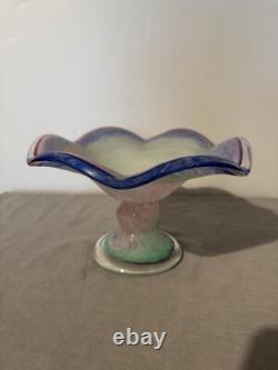 Murano Italian Lavorazione Arte Bowl Pink/Blue Iridescent Footed Bowl
