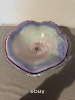 Murano Italian Lavorazione Arte Bowl Pink/Blue Iridescent Footed Bowl
