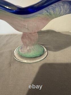 Murano Italian Lavorazione Arte Bowl Pink/Blue Iridescent Footed Bowl