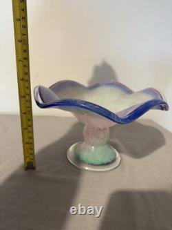 Murano Italian Lavorazione Arte Bowl Pink/Blue Iridescent Footed Bowl