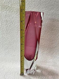 Murano Italian Sommerso Multi Faceted Prism Block Art Glass Vase Pink- 10-1/4