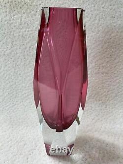 Murano Italian Sommerso Multi Faceted Prism Block Art Glass Vase Pink- 10-1/4