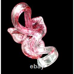 Murano Italy Hand Blown Glass Pink Flower with Silver Fleck and Curled Stem
