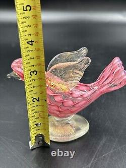 Murano Italy Handblown Pink Swirl Latticino Gold Flake Art Glass Bird Dove