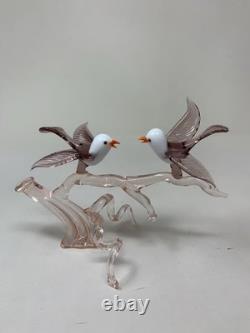 Murano Italy Pink Art Glass Sculpture Love Birds On Cherry Blossom Tree A4-3-4