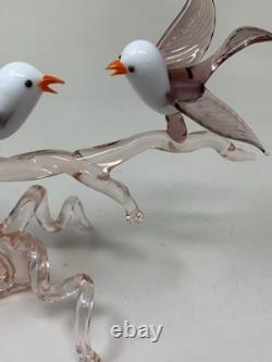 Murano Italy Pink Art Glass Sculpture Love Birds On Cherry Blossom Tree A4-3-4
