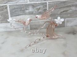 Murano Italy Pink Art Glass Sculpture Love Birds On Cherry Blossom Tree Branch