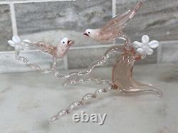 Murano Italy Pink Art Glass Sculpture Love Birds On Cherry Blossom Tree Branch