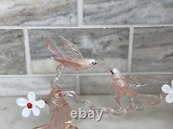 Murano Italy Pink Art Glass Sculpture Love Birds On Cherry Blossom Tree Branch