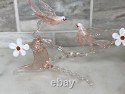 Murano Italy Pink Art Glass Sculpture Love Birds On Cherry Blossom Tree Branch