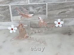 Murano Italy Pink Art Glass Sculpture Love Birds On Cherry Blossom Tree Branch