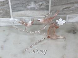 Murano Italy Pink Art Glass Sculpture Love Birds On Cherry Blossom Tree Branch