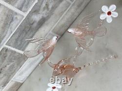 Murano Italy Pink Art Glass Sculpture Love Birds On Cherry Blossom Tree Branch