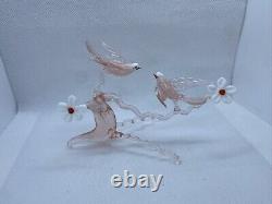 Murano Italy Pink Art Glass Sculpture Love Birds On Cherry Blossom Tree Branch