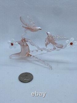 Murano Italy Pink Art Glass Sculpture Love Birds On Cherry Blossom Tree Branch