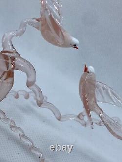Murano Italy Pink Art Glass Sculpture Love Birds On Cherry Blossom Tree Branch