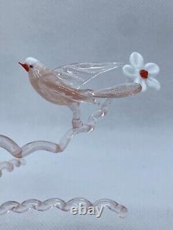 Murano Italy Pink Art Glass Sculpture Love Birds On Cherry Blossom Tree Branch