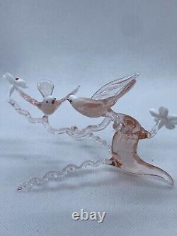 Murano Italy Pink Art Glass Sculpture Love Birds On Cherry Blossom Tree Branch