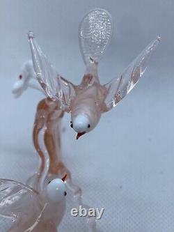 Murano Italy Pink Art Glass Sculpture Love Birds On Cherry Blossom Tree Branch