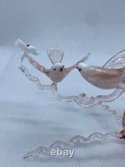 Murano Italy Pink Art Glass Sculpture Love Birds On Cherry Blossom Tree Branch
