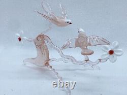 Murano Italy Pink Art Glass Sculpture Love Birds On Cherry Blossom Tree Branch