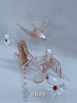 Murano Italy Pink Art Glass Sculpture Love Birds On Cherry Blossom Tree Branch