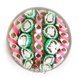 Murano Millefiori Latticino Antique Art Glass Paperweight Pink, Green & Copper