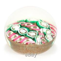 Murano Millefiori Latticino Antique Art Glass Paperweight Pink, Green & Copper