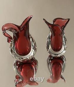 Murano Oball Vetreria Artistica Pair Sommerso Ruby Pink Jug & Fishtail Vases