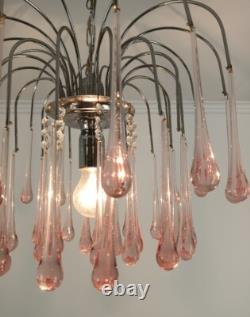 Murano Pink Art Glass Teardrop Prisms chandelier Italy 1 light Pendant Lovely Vi