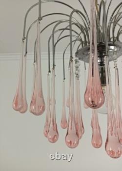 Murano Pink Art Glass Teardrop Prisms chandelier Italy 1 light Pendant Lovely Vi