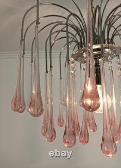Murano Pink Art Glass Teardrop Prisms chandelier Italy 1 light Pendant Lovely Vi