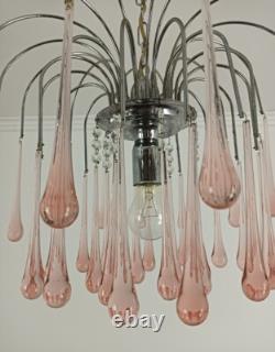 Murano Pink Art Glass Teardrop Prisms chandelier Italy 1 light Pendant Lovely Vi