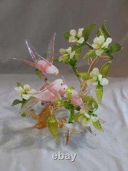Murano Pink Bird of Paradise Family in Dogwood Tree Art Glass Figurine 7 3/4
