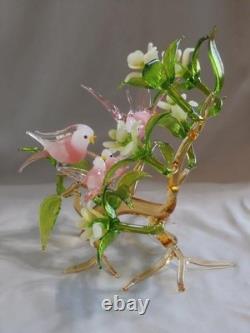 Murano Pink Bird of Paradise Family in Dogwood Tree Art Glass Figurine 7 3/4