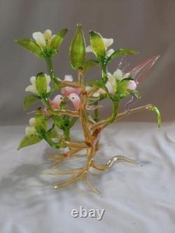 Murano Pink Bird of Paradise Family in Dogwood Tree Art Glass Figurine 7 3/4