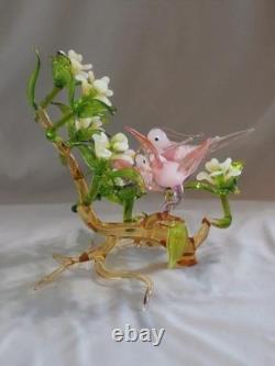 Murano Pink Bird of Paradise Family in Dogwood Tree Art Glass Figurine 7 3/4