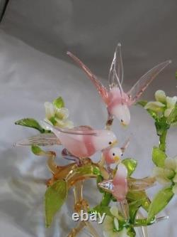 Murano Pink Bird of Paradise Family in Dogwood Tree Art Glass Figurine 7 3/4