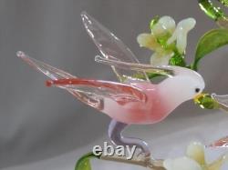 Murano Pink Bird of Paradise Family in Dogwood Tree Art Glass Figurine 7 3/4