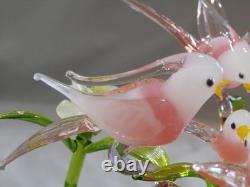 Murano Pink Bird of Paradise Family in Dogwood Tree Art Glass Figurine 7 3/4