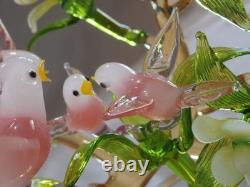 Murano Pink Bird of Paradise Family in Dogwood Tree Art Glass Figurine 7 3/4
